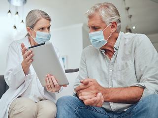 Image showing Tablet, face mask and doctor with senior patient speaking about test results during health consultation. Medical, mobile and healthcare worker consulting elderly man with covid at clinic in Australia