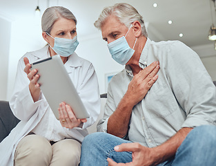 Image showing Covid, tablet and healthcare with a senior man patient and doctor during a home visit for a checkup appointment. Medical, consulting and mask with a woman health professional talking to a mature male