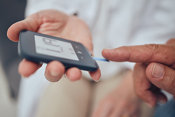 Image showing Doctor, man or fingers in diabetes glucometer test at house, home living room or hospital in medical, healthcare or insurance. Zoom, diabetic patient or blood glucose hands in insulin management help