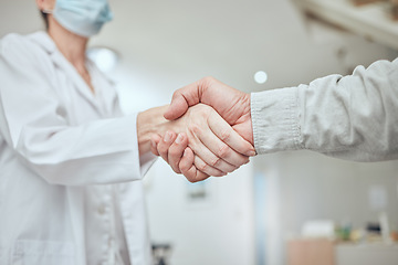 Image showing Handshake, patient and doctor with covid results, healthcare or agree on treatment plan in hospital. Hand shake, medical professional and consult for diagnosis, communication or advice for recovery