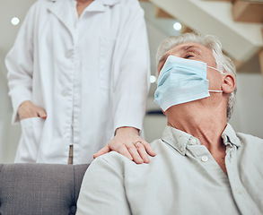 Image showing Covid, retirement and assisted living with a man in a mask and doctor during a home visit appointment. Health, medical and insurance with a senior male patient and caregiver during the corona virus