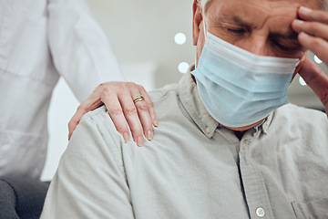 Image showing Anxiety, stress and covid mask of an elderly man with a helping hand from a woman. Senior person feeling worried and sad about coronavirus, grief or mental health with female support and care