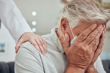 Image showing Man hands, covid face mask or sad in nursing home, house or hospital and bad news, cancer test results or anxiety. Doctor, psychologist or counseling therapist and crying covid 19 retirement senior