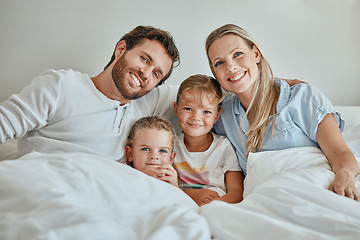 Image showing Relax, happy and portrait of family in bed in the morning for wake up, support and quality time together. Smile, peace and weekend with parents and children at home for bonding, connection and care