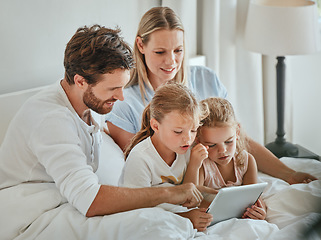 Image showing Happy family, tablet and children in bedroom elearning, education or study on digital tech at home. Love, kids child development and youth girl, mother and father streaming online movie on ui screen