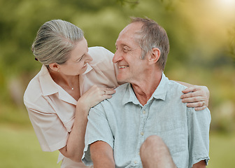 Image showing Senior, couple and smile of retirement, love and care in nature together feeling happy. Elderly marriage of a wife and man smile with happiness and quality time outdoor for commitment anniversary