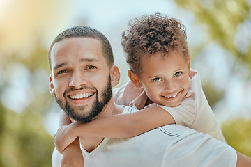 Image showing Dad, family and piggy back portrait with happy son in park to relax, bond and smile together. Father, happiness and wellness of parent with young child enjoying outdoor summer fun in nature.