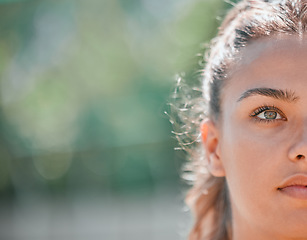 Image showing Face, eyes and woman vision mockup for natural beauty or skincare wellness treatment in bokeh background. Young beautiful girl, mental health thinking and self care inspiration in nature outdoors