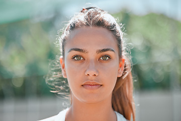 Image showing Sports, winner mindset and a portrait woman on outdoor tennis or badminton court before practice game. Health, fitness workout and beauty, headshot of girl with beautiful face and winning motivation.