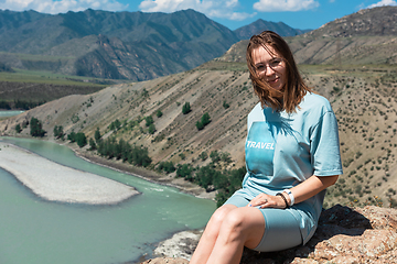 Image showing woman on the confluence of two rivers Katun and Chuya in Altai mountains, beauty summer day