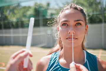 Image showing Pcr test, covid and fitness woman on sports court for international law compliance check in game, match or competition approval. First aid, cotton swab and covid 19 nose testing for training athlete