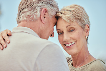 Image showing Senior, elderly and couple smile with a hug, care and love together feeling happy. Portrait of woman and man in retirement smiling about relationship, marriage and happiness outdoor hugging