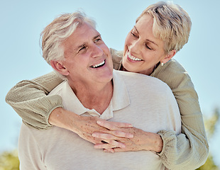 Image showing Senior, couple and hug with happiness of elderly people loving retirement and love outdoor. Happy, marriage and smile of a wife and man together feeling care, commitment and happiness for anniversary