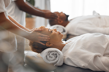 Image showing Spa, couple and massage to relax, being peaceful and calm to enjoy retreat treatment for stress relief. Man, woman and massage therapist for wellness, stress free together and quality time on holiday