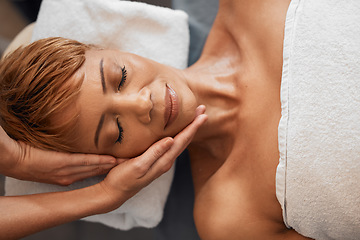 Image showing Black woman, beauty head massage and facial skincare treatment to restore health, relax face muscle and reduce aging. Luxury spa, a healthy and organic zen skin therapy wellness treatment with hands