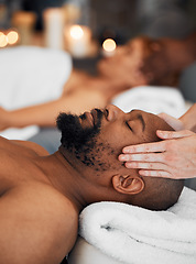 Image showing Spa, black man and woman, massage, relax and romantic for peaceful, focus and calm. African American couple, wellness and enjoy retreat for health with luxury holiday, stress relief or lay on table