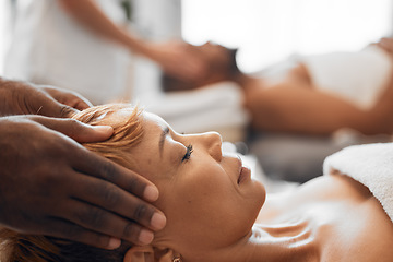 Image showing Relax, black woman and massage spa hotel therapist for luxury, health and wellness lifestyle. Masseuse, peace and therapy treatment for calm relaxation of body and mind at luxurious salon.