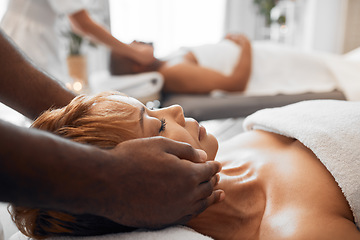 Image showing Spa, wellness and black woman getting massage with massage therapist hands and relax with stress relief. Beauty treatment salon, body therapy and relaxation, peace and calm with luxury service.