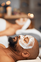 Image showing Spa facial, skincare and couple with face mask for luxury self care routine, glowing skin or wellness treatment. Beauty product, healthcare support and black woman and man relax with salon face cream