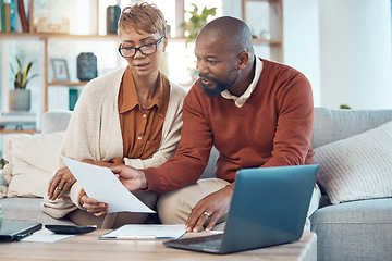 Image showing Documents, laptop and couple working on financial budget, savings strategy or payment of bank account bills. Finance review, black woman and man with calculator for home accounting, taxes or mortgage