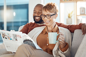 Image showing Coffee, sofa and senior couple with newspaper reading story or article while drinking espresso. Black couple, tea and happy man and woman relax in house, enjoying quality time together and bonding.