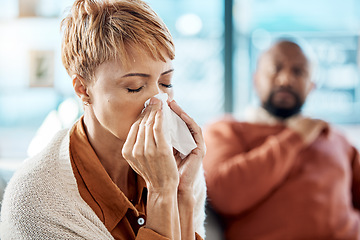 Image showing Crying, divorce and upset black couple on sofa sitting separate from each other. Hurt, suffering and sad black woman with tissue, emotional after fighting, arguing and end relationship with husband