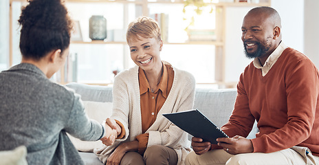 Image showing Handshake, accountant or happy black couple with financial advisor for success investment, savings or house mortgage review. Finance or black woman and man shaking hands for invest budget planning