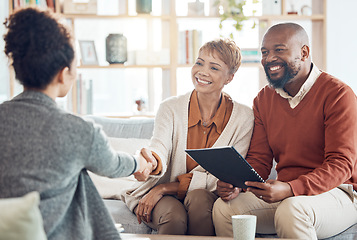 Image showing Business meeting, welcome handshake and couple meet with lawyer or financial advisor. Elderly married man, wife and woman retirement conversation, planning and insurance documents for estate finance