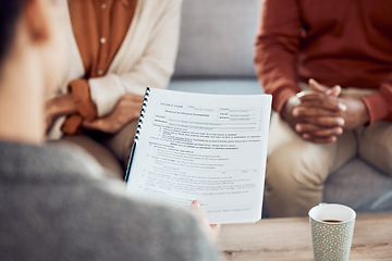 Image showing Couple, divorce form and family lawyer for therapy and documents apply for legal advice together. Meeting, marriage compliance worker and conversation with application contract on sofa in office