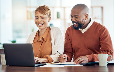 Image showing Smile, black couple and laptop doing budget, check savings amount and investments together for retirement plan. Retired, mature man and senior woman confirm finances, being happy and laugh at home.
