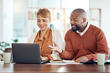 Image showing Planning, finance and budget with black couple and laptop for investment, retirement savings or online payment. Accounting, insurance and mortgage with man and woman for tax, audit and loan review