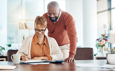 Image showing Black couple, budget and check savings for investment, retirement plan and smile together. Man, woman and manage finance for retired years, banking for future and happy with money growth and profits.