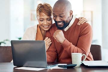 Image showing Laptop, happy black couple investment winner for success, financial insurance or house mortgage loan review. Celebration, smile or black woman and man with happiness, online banking or home payment