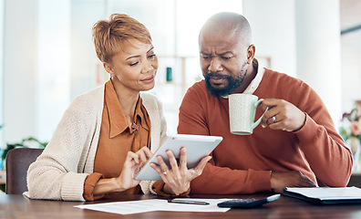 Image showing Bills, couple and digital tablet with home finance on internet banking for mortgage loan, insurance or bank investment. Finance, black man or woman planning future security tax budget online in house