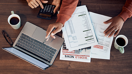 Image showing Finance, accounting documents and laptop payment online for loan budget or retirement paperwork on table. Family accountant, digital data and pension planning or mortgage savings financial bank