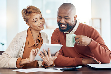 Image showing Finance, tablet and black couple doing online banking in home to check bank statement, account and payment. Budget, accounting and middle aged man and woman with documents, paperwork and digital tech