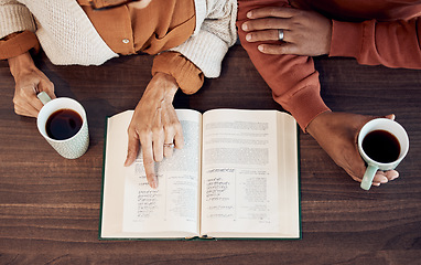 Image showing Muslim, islamic quran and women hands drinking coffee in the morning with a worship and faith book. Above view of reading, hope text and information of friends together for spiritual and islam prayer