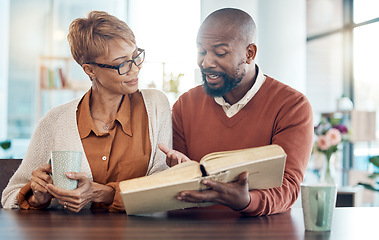 Image showing Christian, prayer or black couple reading bible book for faith, worship or bible study in kitchen or living room. Coffee, happy or man and woman for education, study or black family for church Sunday