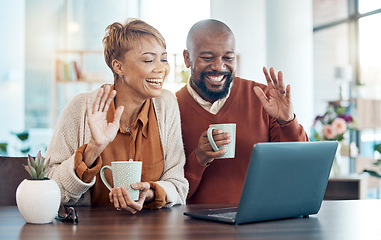 Image showing Black couple, video call and laptop to connect, have conversation and online chatting with coffee in living room. Digital device, senior man and mature woman happy for communication or wave at screen