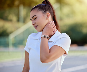 Image showing Neck pain, tennis athlete and injury to muscle or nerve of woman player during training of competitive match, workout and game for exercise. Tennis player, bad sports fitness and body health wellness