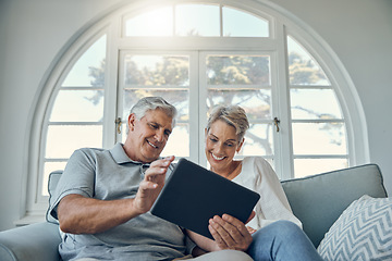 Image showing Senior couple tablet, relax smile and living room sofa for social media, email or internet video. Woman man retirement, home happiness with mobile technology and comic social network on web app