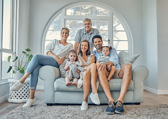 Image showing Family, children and grandparents on a sofa in the living room of their home together during a visit. Kids, love and portrait with a mother, father and relatives sitting on a couch while bonding