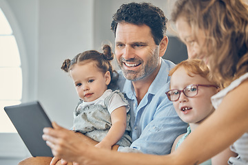 Image showing Family, children and tablet on home sofa for elearning, online education and digital teaching software website. Happy mom and dad or man and woman helping kids with ebook or internet game for fun