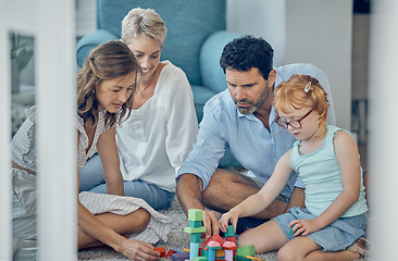 Image showing Learning, education and family playing with toys for fun activity and bonding with young child. Development, toy and generations play with objects to teach kid skills at home while having fun