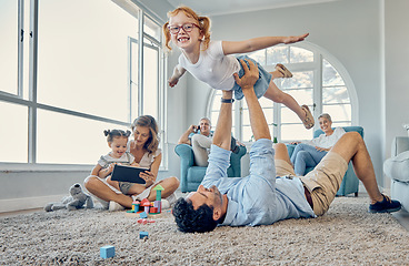 Image showing Happy family, love and girl with father on a living room floor for airplane, game and playing in their home together. Family, kids and fly fantasy by child and parent bond, fun and relax on a carpet