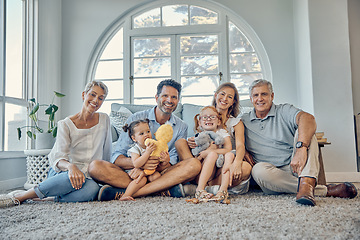 Image showing Family, love and generations together in family home, happy in portrait for quality time and bonding. Care, smile and grandparents with parents and children in living room, big family and happiness.