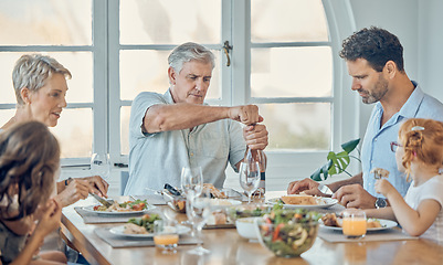 Image showing Family, dinner and wine bottle opening in home with grandpa holding vintage alcohol for fine dining. Champagne, food and luxury sparkling wine with big family eating delicious healthy meal in house.