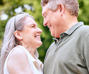 Image showing Senior, couple and love smile of marriage, retirement and care in nature for an anniversary. Happy elderly woman and man loving summer spending quality time together feeling romantic and happiness