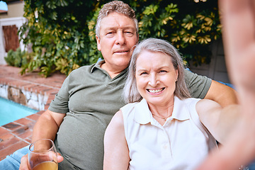 Image showing Selfie, senior couple and smile outdoor, happy and bonding together and in summer. Love, mature man and senior woman relax, loving and fun for holidays, vacation and beverage next to pool for photo.