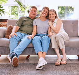 Image showing Family, portrait and grandparents with woman on sofa in home, bonding and enjoying quality time together. Smile, relax and daughter, grandma and grandpa in living room on holiday visit in house.